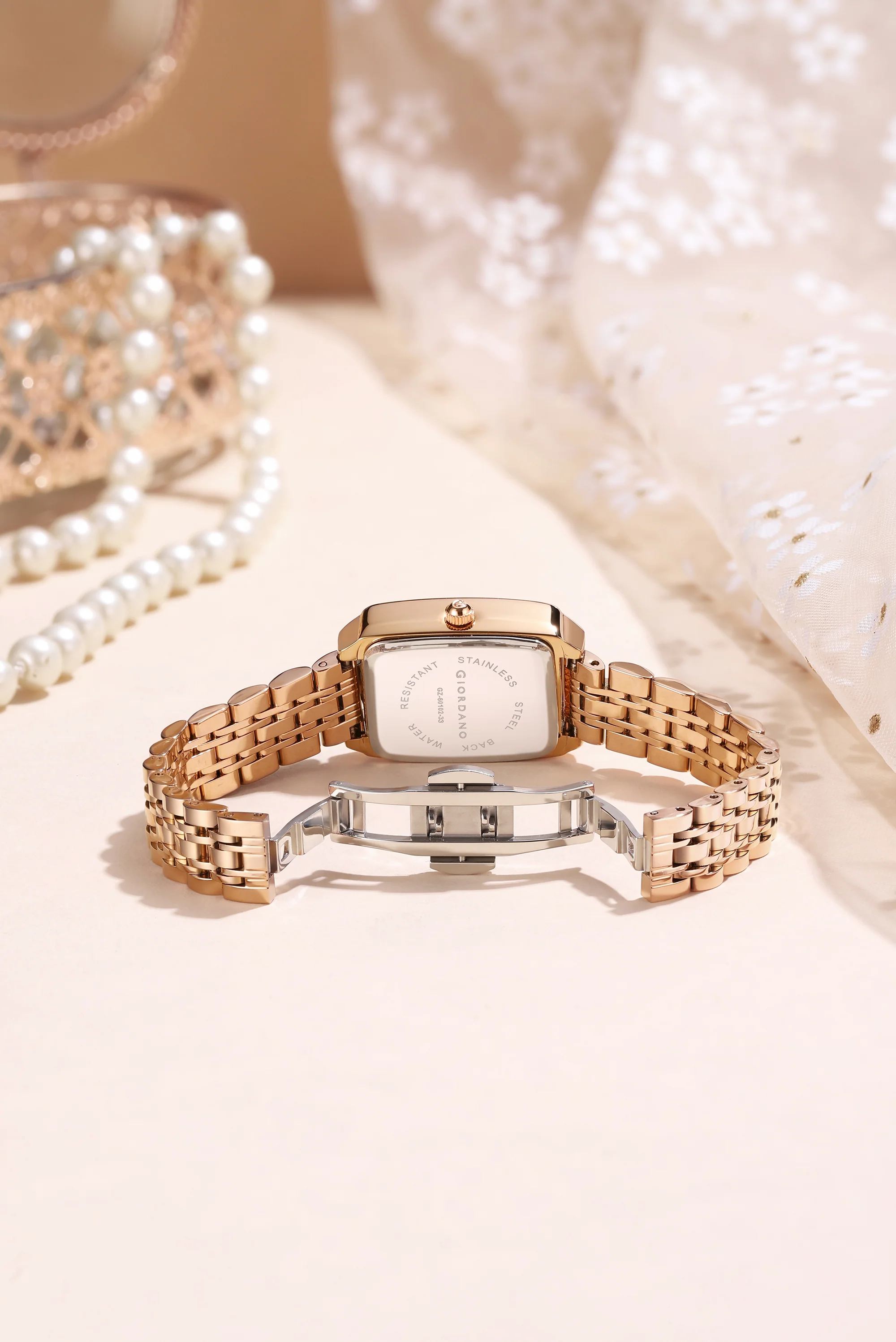 Giordano Analog Watch For Women - Rectangular Dial, Crystal Hour Markers And Rose Gold Stainless Steel Strap GZ-60102-33 - Image 4