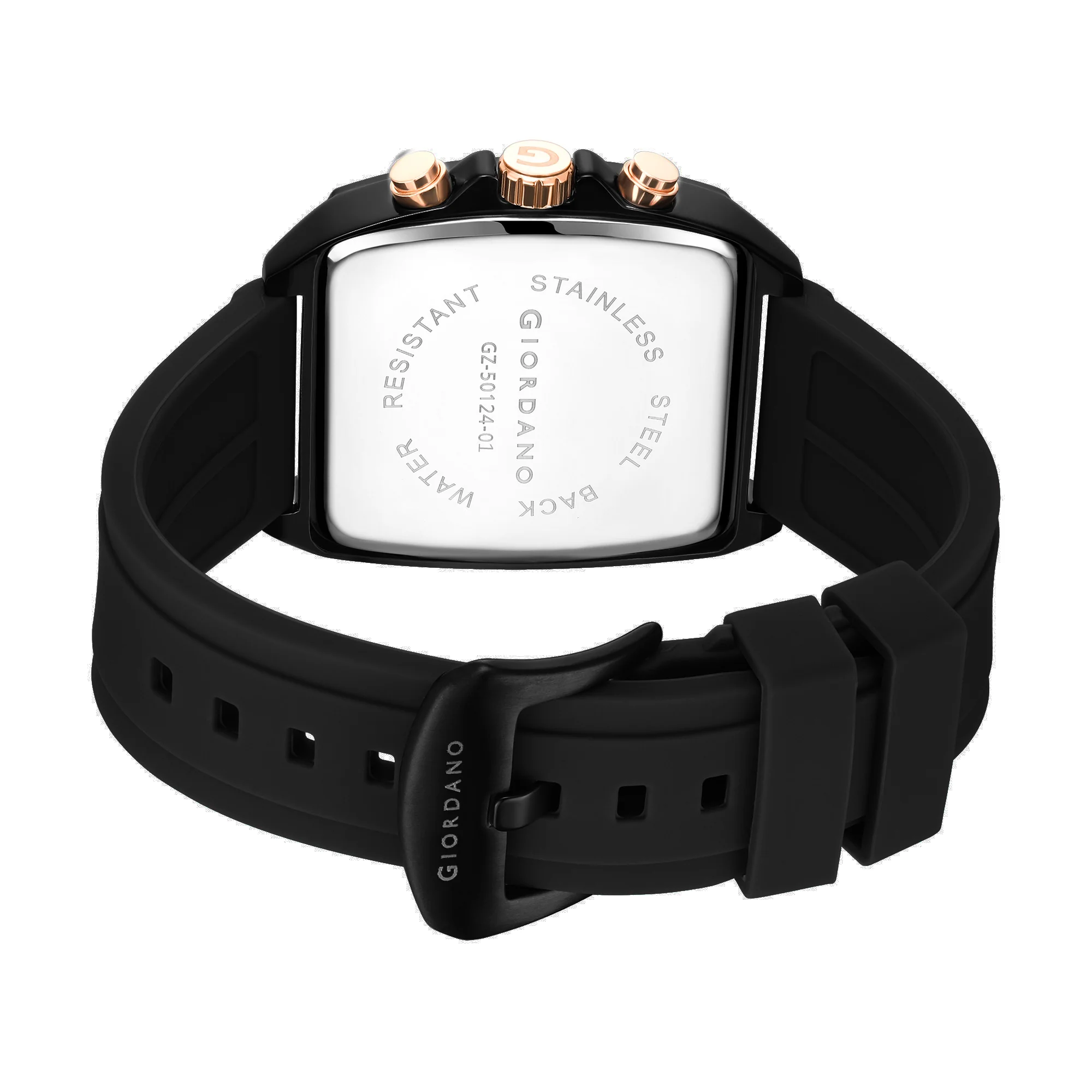 Giordano Black Modern Square Face Chronograph Watch for Men with Rose Gold Accents,Silicon Strap & Date Display GZ-50124-01 - Image 7